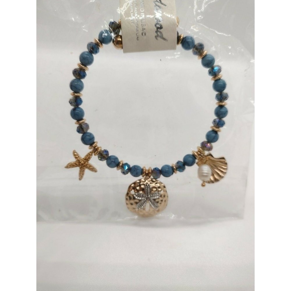 New Redwood USA Blue Gold Starfish Seashell Faux Pearl Cut Stone Charm Bracelet